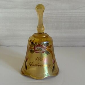 Fenton Marigold Carnival Glass 50th Anniversary Bell Hand Painted Floral Gold 6"